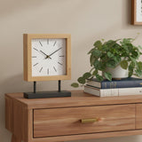 11" Natural And Black Solid Wood And Metal Square Table Clock
