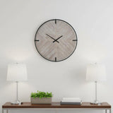 33" Black And Natural Metal And Solid Wood Analog Distressed Round Wall Clock
