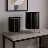 Set of Two Black Metal 20 Ounce Round Pot Planters