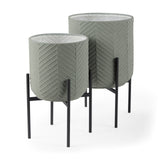Set of Two Black And Green Metal 20 Ounce Round Elevated Planters