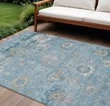8' X 10' Teal Blue And Aqua Floral Washable Indoor Outdoor Area Rug