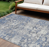 8' X 10' Blue And Denim Blue Floral Washable Indoor Outdoor Area Rug