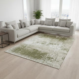 7' X 9' Green Beige And White Abstract Washable Area Rug With UV Protection