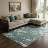 7' X 9' Blue And White Oriental Washable Area Rug With UV Protection
