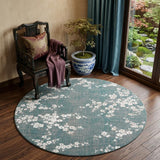 5' Blue And White Oriental Washable Round Rug With UV Protection