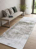 2' X 5' White Gray And Green Abstract Washable Area Rug With UV Protection