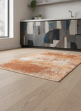5' Orange And White Abstract Washable Round Rug With UV Protection