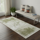 2' X 5' Green Beige And White Abstract Washable Area Rug With UV Protection