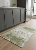 5' Green Beige And White Abstract Washable Round Rug With UV Protection