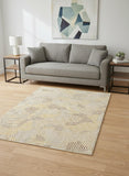 8' Beige Gold And Brown Geometric Washable Round Rug With UV Protection