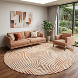 8' Beige Orange And Brown Geometric Washable Round Rug With UV Protection