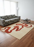 8' Beige And Red Abstract Washable Round Rug With UV Protection