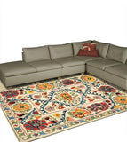 7' X 9' Beige Red And Orange Tribal Washable Area Rug With UV Protection