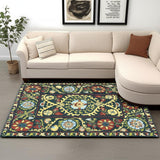 7' X 9' Beige Red And Orange Tribal Washable Area Rug With UV Protection
