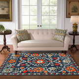 5' X 7' Blue Orange And Gray Tribal Washable Area Rug With UV Protection