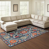 7' X 9' Blue Orange And Gray Tribal Washable Area Rug With UV Protection