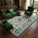 7' X 9' Beige And Blue Tribal Washable Area Rug With UV Protection