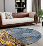 8' Gold And Blue Abstract Washable Round Rug With UV Protection