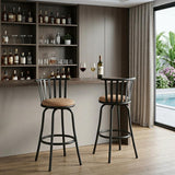 Set of Two Khaki And Black Suede And Faux Leather And Iron Low Back Adjustable Height Swivel Bar Chairs