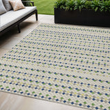5' X 8' Linen And Lime Green Striped Washable Indoor Outdoor Area Rug