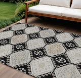 8' X 10' Black And Silver Floral Washable Indoor Outdoor Area Rug