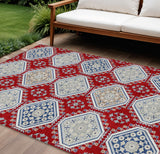 8' X 10' Red And Navy Blue Floral Washable Indoor Outdoor Area Rug