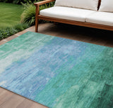 8' X 10' Teal Blue And Aqua Striped Washable Indoor Outdoor Area Rug