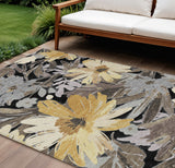 8' X 10' Black And Gray Floral Washable Indoor Outdoor Area Rug