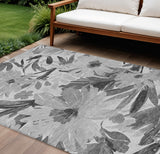 8' X 10' Gray And Charcoal Floral Washable Indoor Outdoor Area Rug