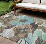 8' X 10' Khaki And Taupe Floral Washable Indoor Outdoor Area Rug