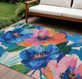 8' X 10' Navy Blue And Sky Blue Floral Washable Indoor Outdoor Area Rug