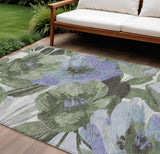 8' X 10' Olive Green And Fern Green Floral Washable Indoor Outdoor Area Rug