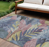 8' X 10' Denim Blue And Blush Floral Washable Indoor Outdoor Area Rug