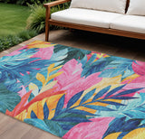 8' X 10' Sky Blue And Pink Floral Washable Indoor Outdoor Area Rug