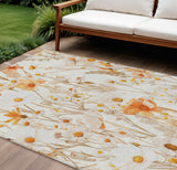 8' X 10' Ivory And Beige Floral Washable Indoor Outdoor Area Rug
