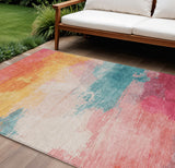 8' X 10' Pink Gold And Teal Blue Abstract Washable Indoor Outdoor Area Rug