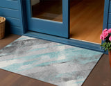 3' X 5' Teal Blue And Gray Striped Washable Indoor Outdoor Area Rug