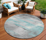 8' Teal Blue And Gray Round Striped Washable Indoor Outdoor Area Rug