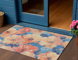 3' X 5' Peach And Blue Floral Washable Indoor Outdoor Area Rug