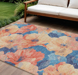 8' X 10' Peach And Blue Floral Washable Indoor Outdoor Area Rug