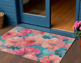 3' X 5' Salmon And Teal Blue Floral Washable Indoor Outdoor Area Rug