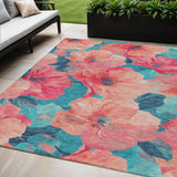 5' X 8' Salmon And Teal Blue Floral Washable Indoor Outdoor Area Rug