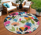 8' Ivory Pink Orange And Blue Round Floral Washable Indoor Outdoor Area Rug