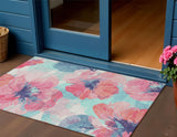 3' X 5' Pink And Sky Blue Floral Washable Indoor Outdoor Area Rug