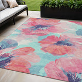 5' X 8' Pink And Sky Blue Floral Washable Indoor Outdoor Area Rug