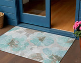 3' X 5' Teal Blue And Aqua Floral Washable Indoor Outdoor Area Rug