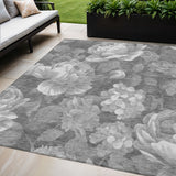 5' X 8' Gray And Charcoal Floral Washable Indoor Outdoor Area Rug