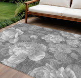 8' X 10' Gray And Charcoal Floral Washable Indoor Outdoor Area Rug