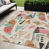 5' X 8' Ivory Blush And Teal Blue Abstract Washable Indoor Outdoor Area Rug