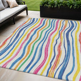 5' X 8' Ivory Blue Pink And Yellow Striped Washable Indoor Outdoor Area Rug